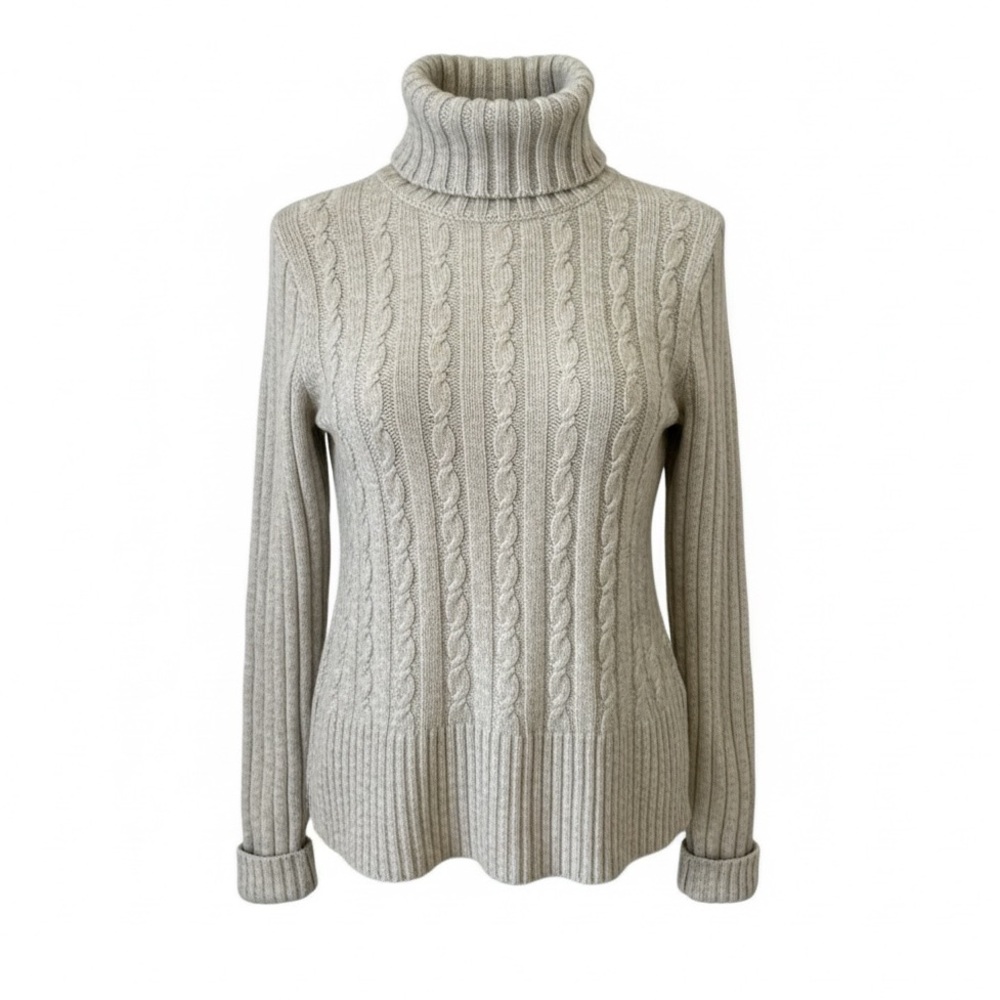 J. CREW Heathered Cable Knit Turtleneck Sweater Gray Greige Medium